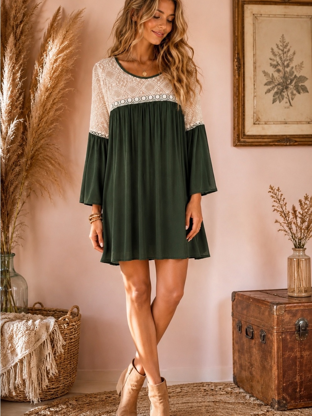 Umgee Dark Green Mini Dress with Cream Lace Yoke Boho Aesthetic